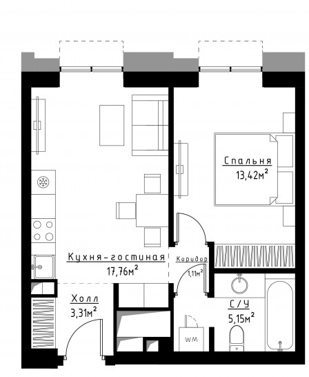 Однокомнатная квартира 40 м²