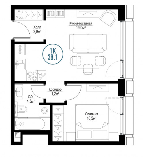 Однокомнатная квартира 38 м²