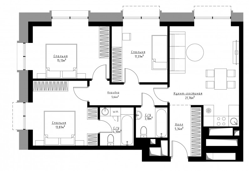 Трёхкомнатная квартира 80 м²