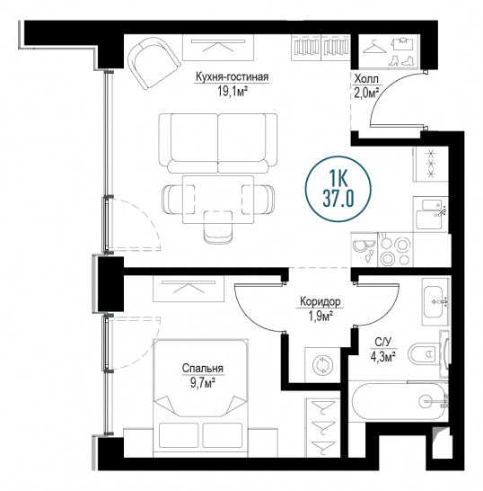 Однокомнатная квартира 37 м²